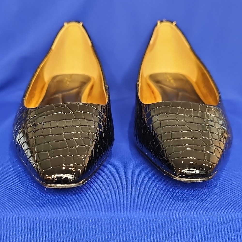 Donna Kara Savita Snip Toe Croc Embossed Flat Black Gold Size 7 - Picture 3 of 12